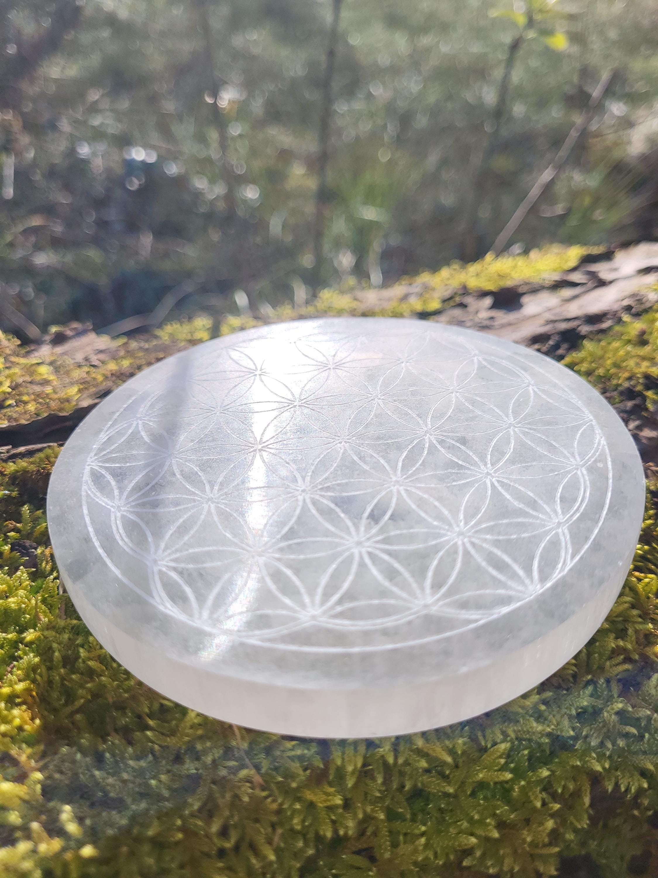 Palet de sélénite fleur de vie, Plaque de sélénite en fleur de vie pour purifier et recharger vos cristaux minéraux, géométrie sacrée