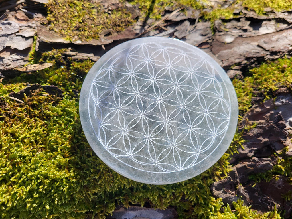 Palet de sélénite fleur de vie, Plaque de sélénite en fleur de vie pour purifier et recharger vos cristaux minéraux, géométrie sacrée