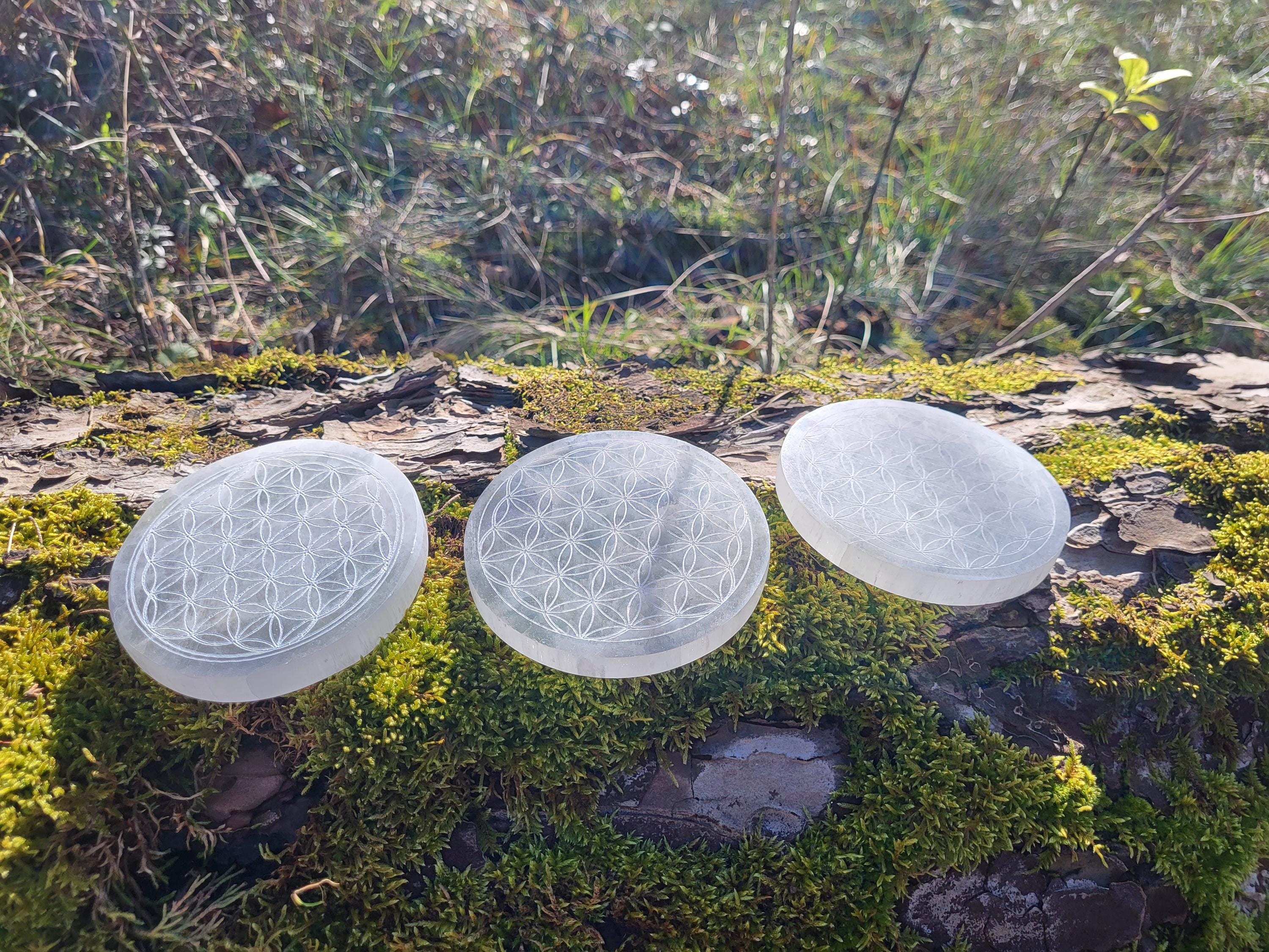 Palet de sélénite fleur de vie, Plaque de sélénite en fleur de vie pour purifier et recharger vos cristaux minéraux, géométrie sacrée