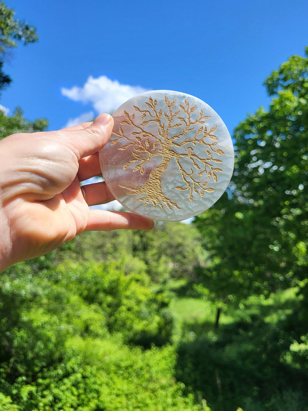 Palet de sélénite arbre de vie doré, plaque de charge en sélénite, plaque de charge en cristal pour la purification des bijoux et minéraux