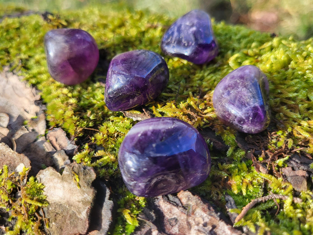 Pierres roulées d'améthyste, pierres naturelles, minéraux et cristaux pour lithothérapie, collection et décoration.